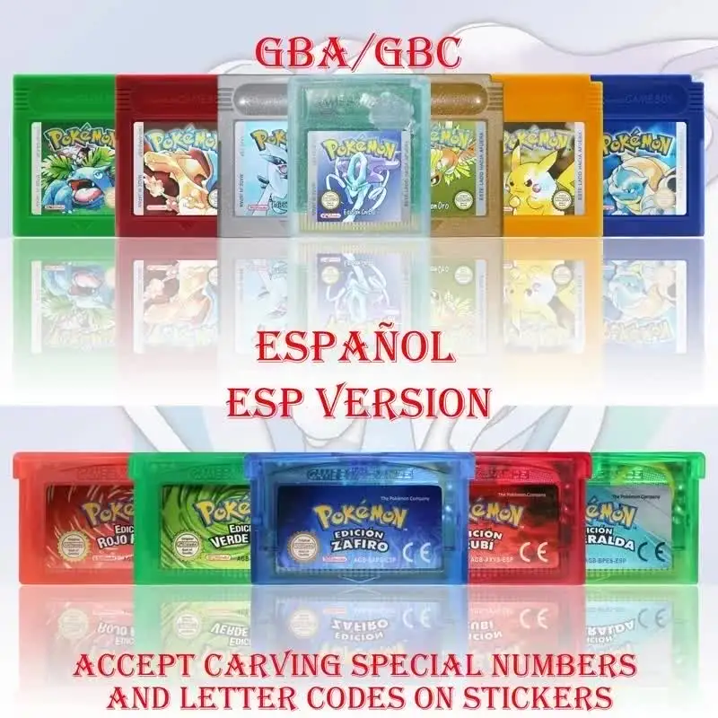 GBA/GBC ESP 버전 포켓몬 에스메랄다/로호 푸에고/플라타/크리스탈 게임 카트리지 비디오 게임 콘솔 카드 고품질 배터리 포함