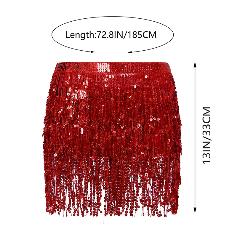 Women Sexy Belly Skirt Sequined Fringe Miniskirt with Adjustable Waist Straps Mini Skirt for Dance Performance Rave Party