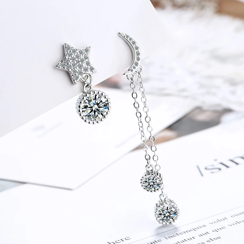 New Fashion Star&Moon Asymmetry Round Rhinestone Drop Earrings Women 925 Sterling Silver Jewelry Zircon Long Pendant Ear Stud