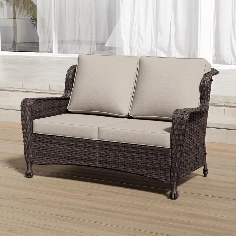 

Weather-Resistant Rattan Loveseat with Cushions, 2-Seat Outdoor Patio Furniture Set for Balcony, Backyard, Deck, and Poolside