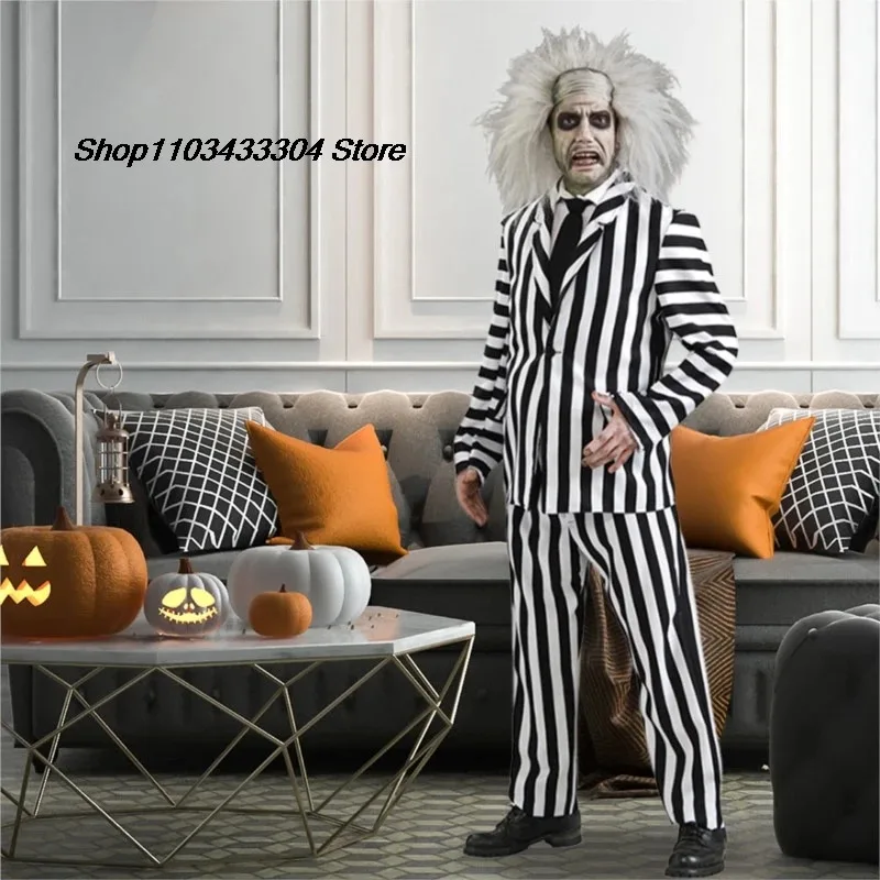Sky05 Spooky Halloween Performance Costumes for Men Striped Suit with Tie Scary Halloween Infernal Master Cosplay Costume 99JIu@