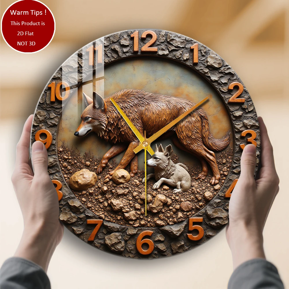 Tempered Glass Wall Clock Wolf And Cub Carving Suitable For Wall Decor or Tabletop Display Anywhere