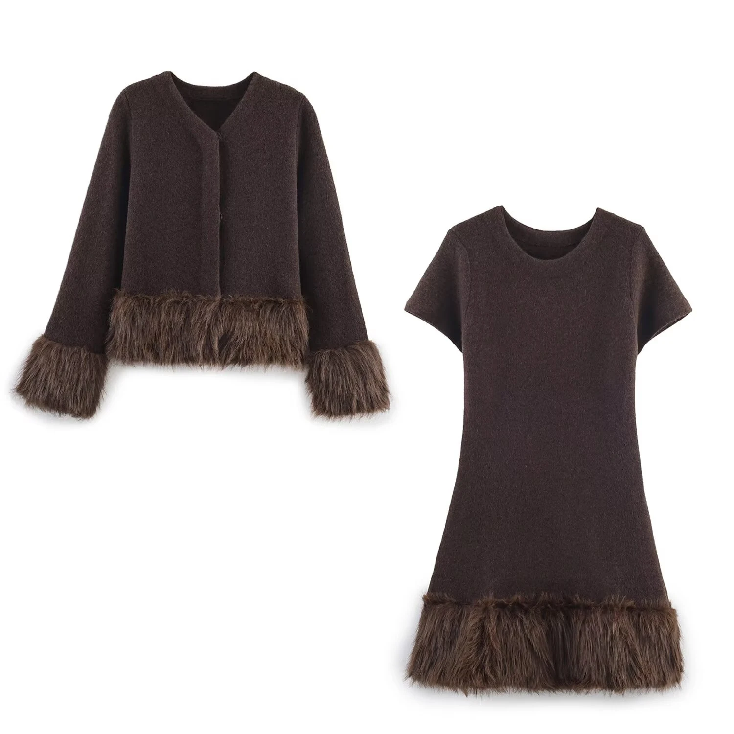 Herbst Neue frauen Kleidung Europäischen und Amerikanischen Künstliche Pelz Effekt Spleißen Gestrickte Mantel Gestrickte Kleid Set