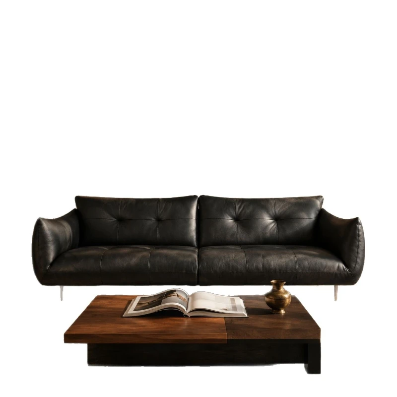Semi-green leather sofa, French vintage, vintage style, vertical row three-person seat, high backrest