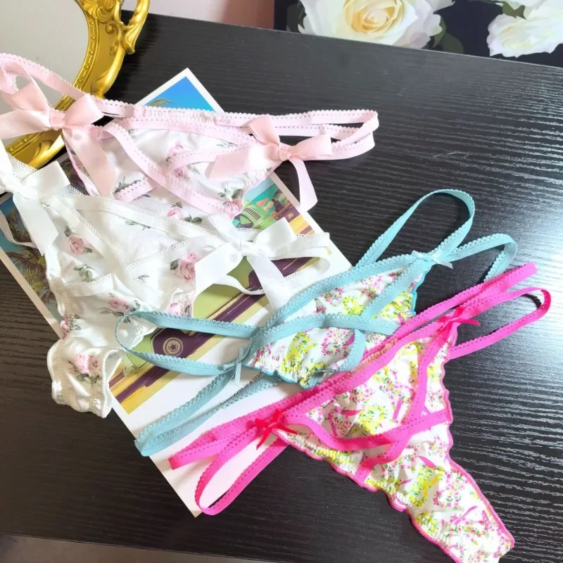 Ruffled Lovely Sweet Girl Thong Briefs Smooth Satin Panties Floral Printed T-back Underwear Bow Cross Strap Low Rise Underpants