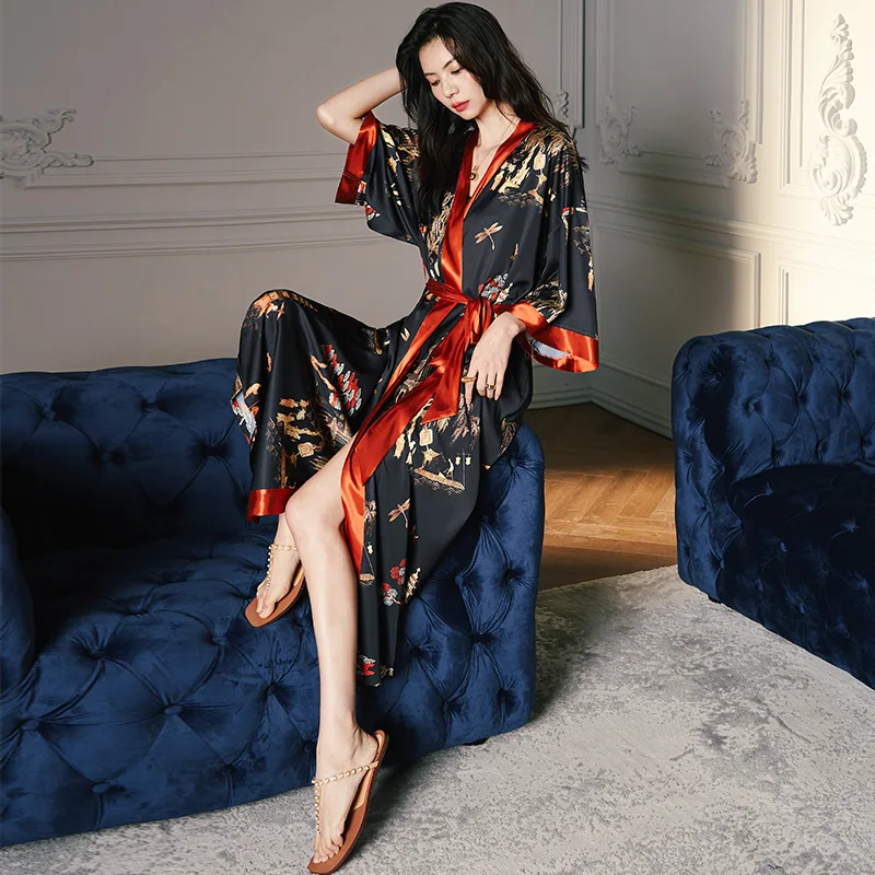 New Spring Summer Women Long Robe Kimono Bathrobe Gown Sexy Black Print Sleepwear Nightgown Casual Half Sleeve Satin Home Dress