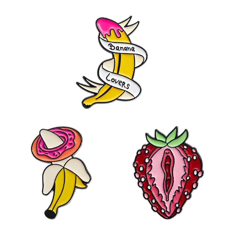 Banana Brooch Pin Fruit Plant Enamel Badge Adult Funny Cartoon Strawberry Banana Organs Lovers Jewelry Gifts For Women Friends