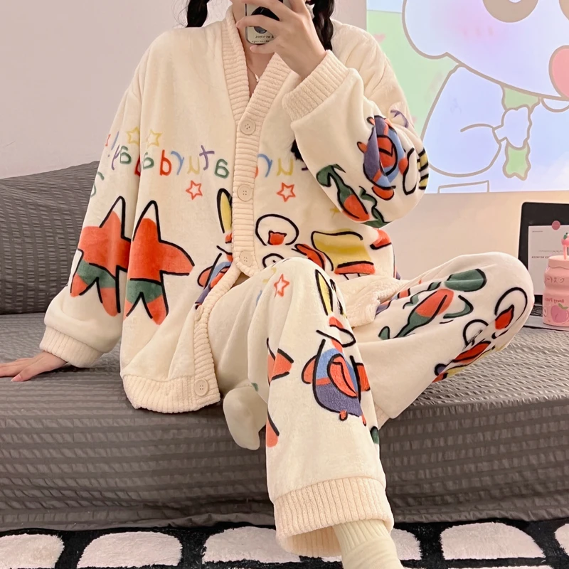 2pcs Autumn Winter Women Long Sleeve Solid Button Front Flannel Warm Pajama Sets Drop Shoulder Cardigan And Pants PJ Sleepwear