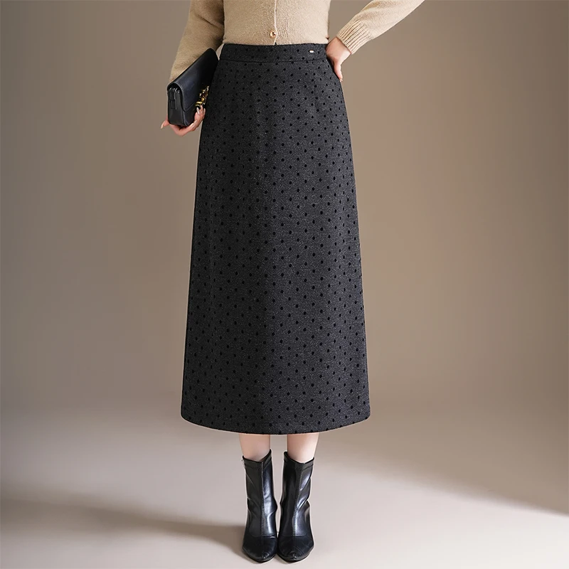 

Women's Plaid Polka Dot Woolen Skirt High Waist A-Line Slit Design Busin Casual Polyester Fiber Skirt
