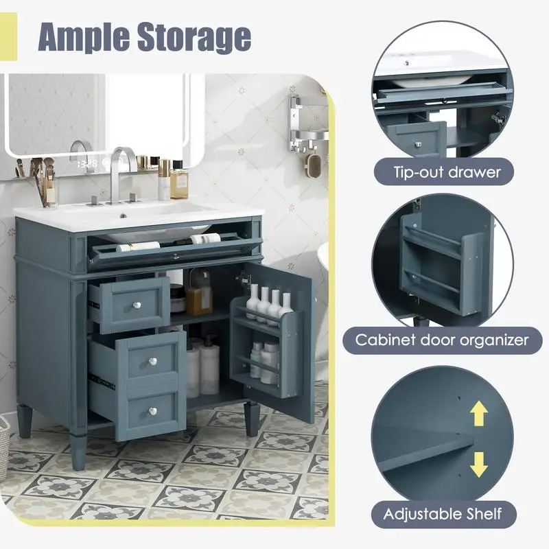 

30" Bathroom Vanity with Sink Top, Modern Storage Cabinet, 2 Drawers & Tip-Out Drawer, Single Sink Bathroom Vanity Unit