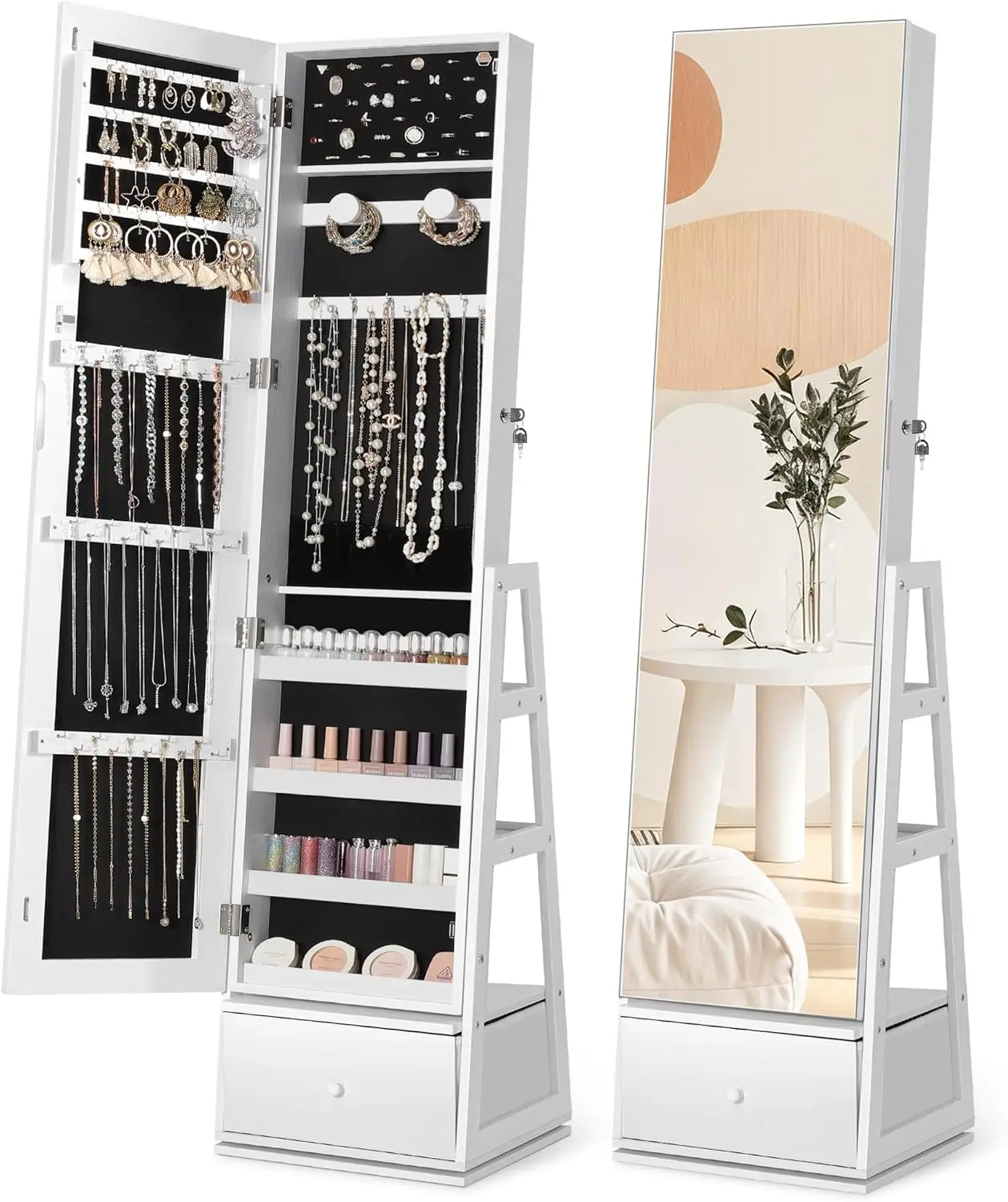 

360° Swivel Jewelry Cabinet with Full-Length Mirror, Lockable Storage, and Drawer for Organized Display