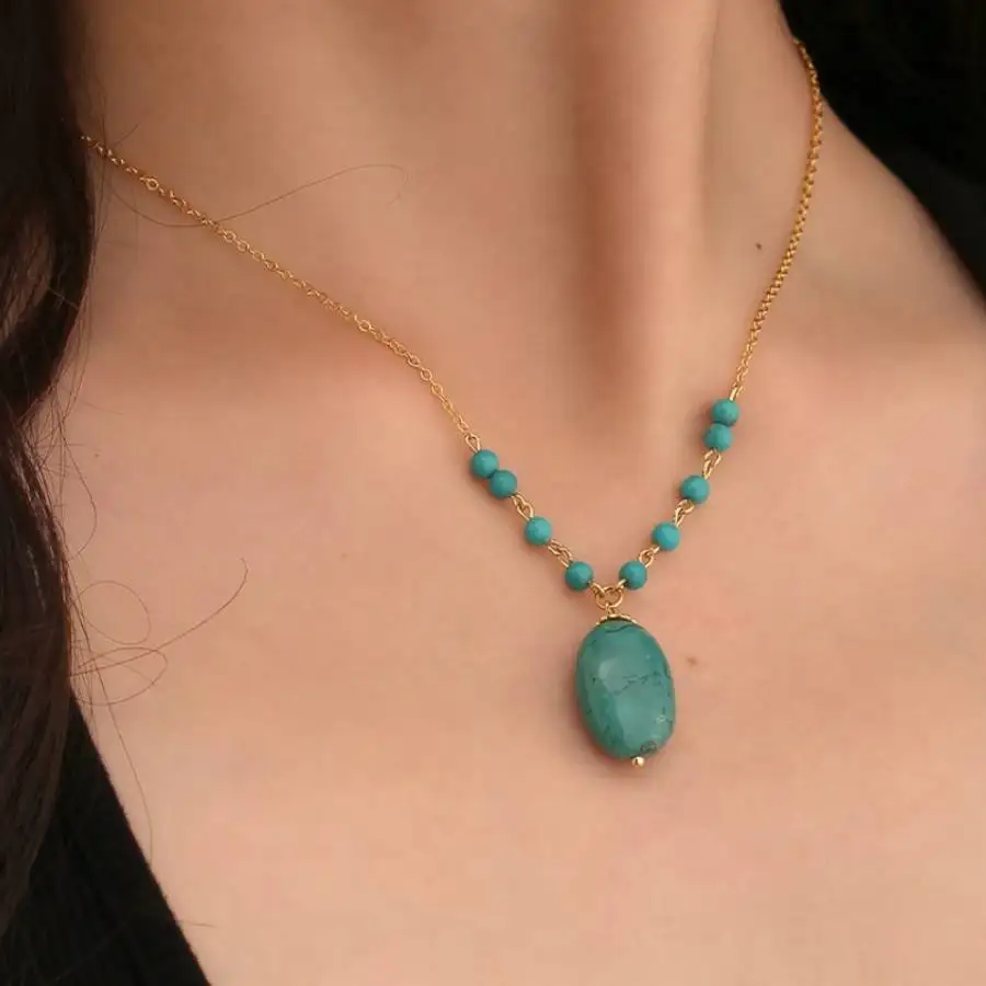 

Handmade Genuine Turquoise Beaded Pendant Necklace Gold Tone Chain Fashion Jewelry Gift for Her