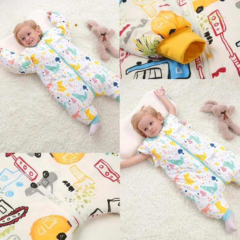 بيجامة قطنية سميكة بأكمام قابلة للفصل للجنسين للأطفال الصغار والأولاد والبنات للخريف والشتاء بأرجل مقسمة معطف نوم للأطفال