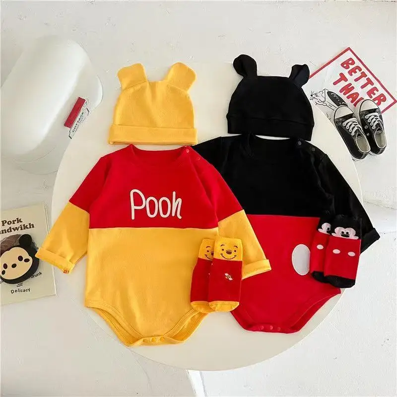 Macacão de Bebê Mickey e Winnie, Roupa de Anime para Meninos e Meninas, Com Chapéu e Meias, Macacão Simples de Manga Curta