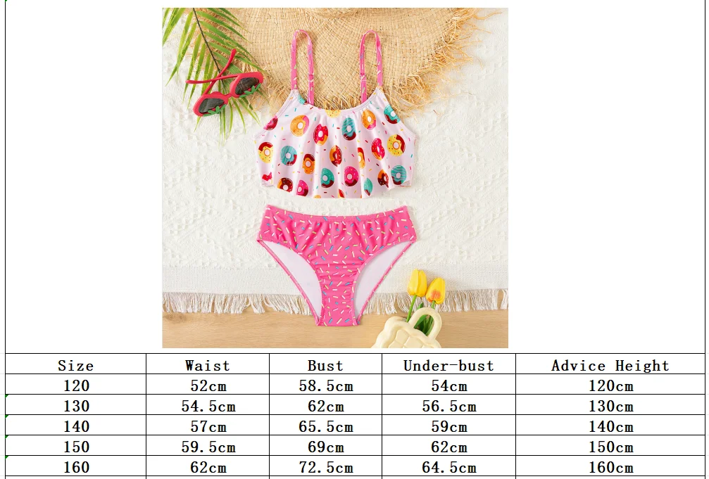 Donuts Print Ruffle High Stretchy Beach Girls Kids Swimwear Swimsuit Contrast Color Adjustable Child Kids Vacation Bikini Set