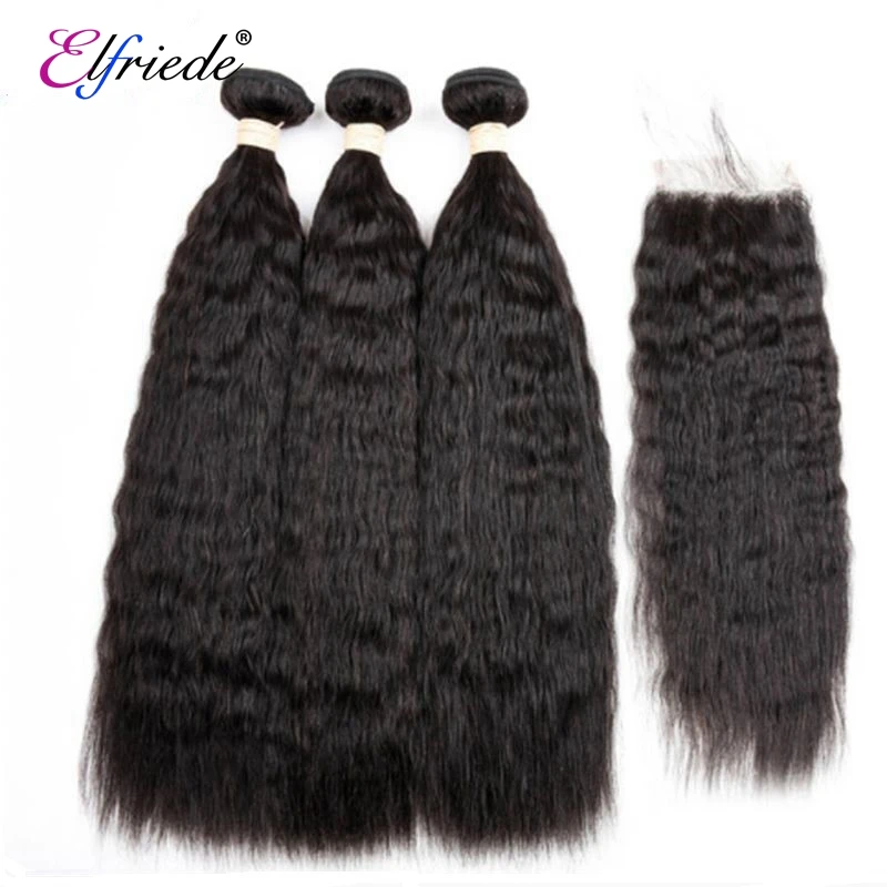 

Elfriede Natural Black Bundles with Closure Kinky Straight 100% Brazilian Remy Human Hair Weaves 3 Bundles with 4X4 Lace Closure