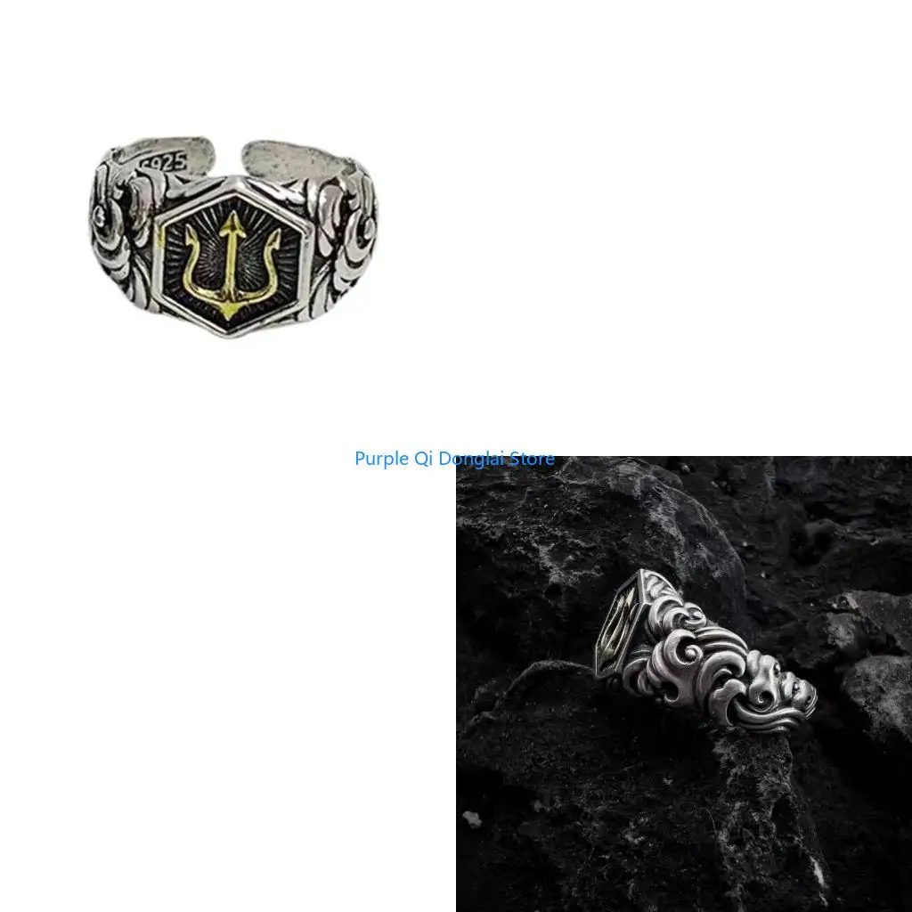 L21E Tridents Themed Rings For Men Adjustable Alloy Crafted Unique Retro Jewelry