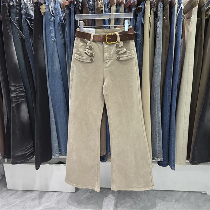 Women's Button Design Micro Flared Jeans Autumn Elegant Fashion Retro High Street Washed Distressed Female Denim Pants