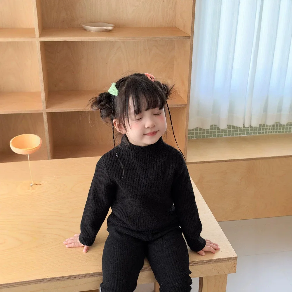 Sweater Versatile Basic with Velvet Autumn and Winter Girls Stylish Semi High Neck Solid Color Knitted Sweater Soft and Sticky