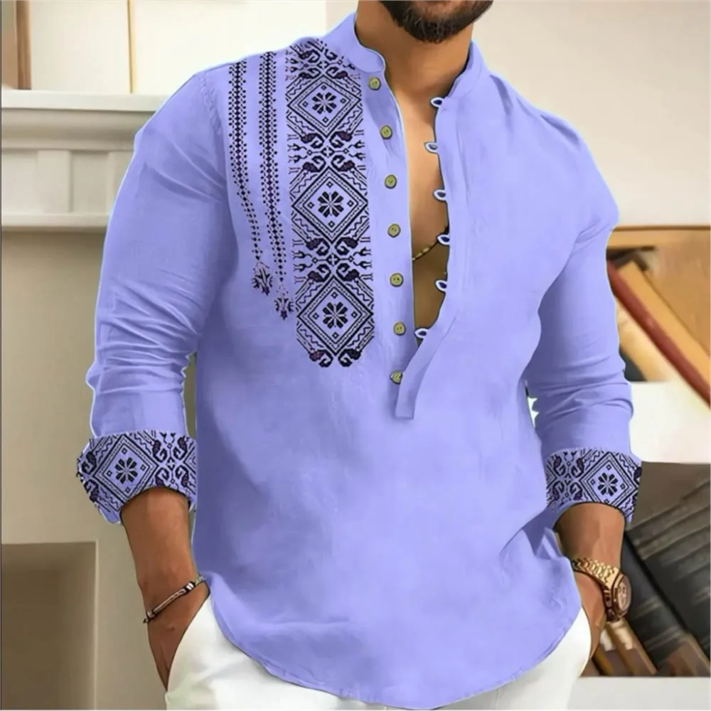 2025 Camicia da uomo Camicia stampata in 3D Camicia monopetto ampia a maniche lunghe Abbigliamento uomo musulmano Camicia con culo Tessuto di lino y2k