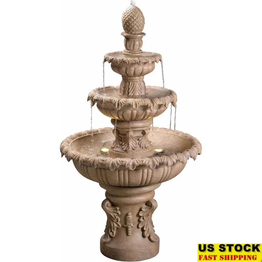 Outdoor Water Fountain Sandy Finish with LED Lights Scalloped Basins Submersible Pump Easy Installation Garden Decor