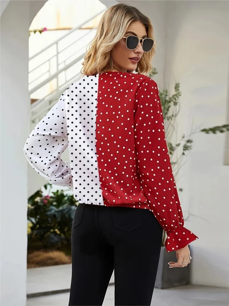 Women\'s Shirt Spring Autumn Polka Dot Color Block Print Long Sleeve Loose Blouses And Tops Casual V Neck Offfice Lady Shirts