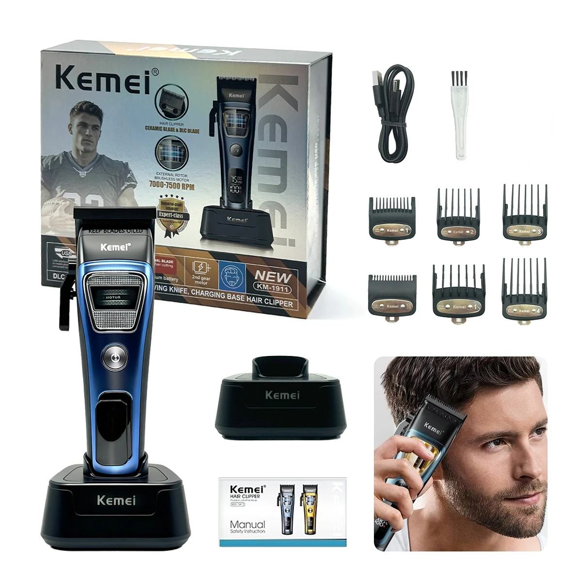 Kemei Clippers Professional Hair Clippers Adjustable Haircut Machine External Rotor Brushless Motor Hair Clippers Men KM-1911