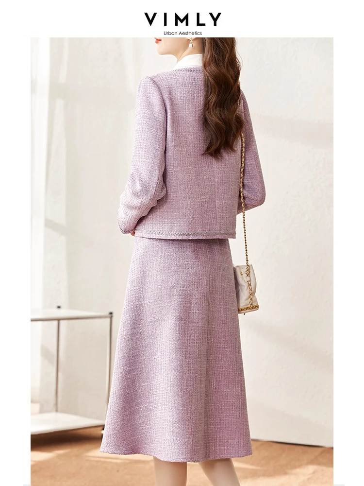 Vimly Elegant Korean Fashion Tweed Skirt Sets Women's Outfits Cropped Jacket Elastic Waist A Line Midi Skirt Two Piece Set V7688