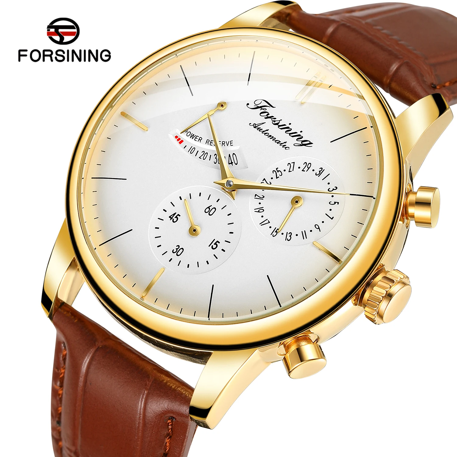 

FOSINING Men's Automatic Watch with Power Reserve Indicator Auto Date Mechanical Male Clock Leather Belt Dress Wristwatch Gift