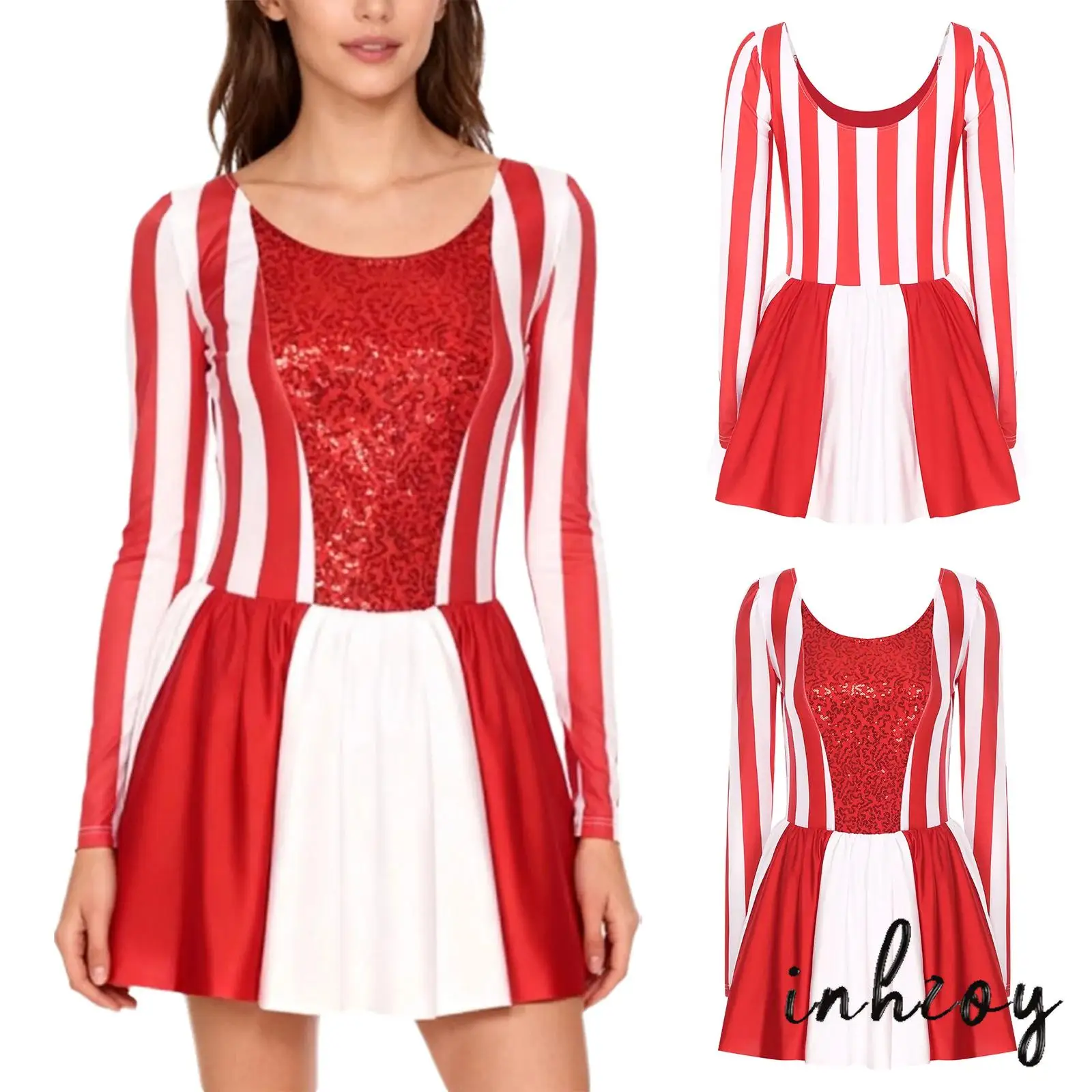 

Womens Candy Cane Christmas Costume Long Sleeve Round Neck Xmas Party Dress for Christmas-style Princess Cosplay Dress