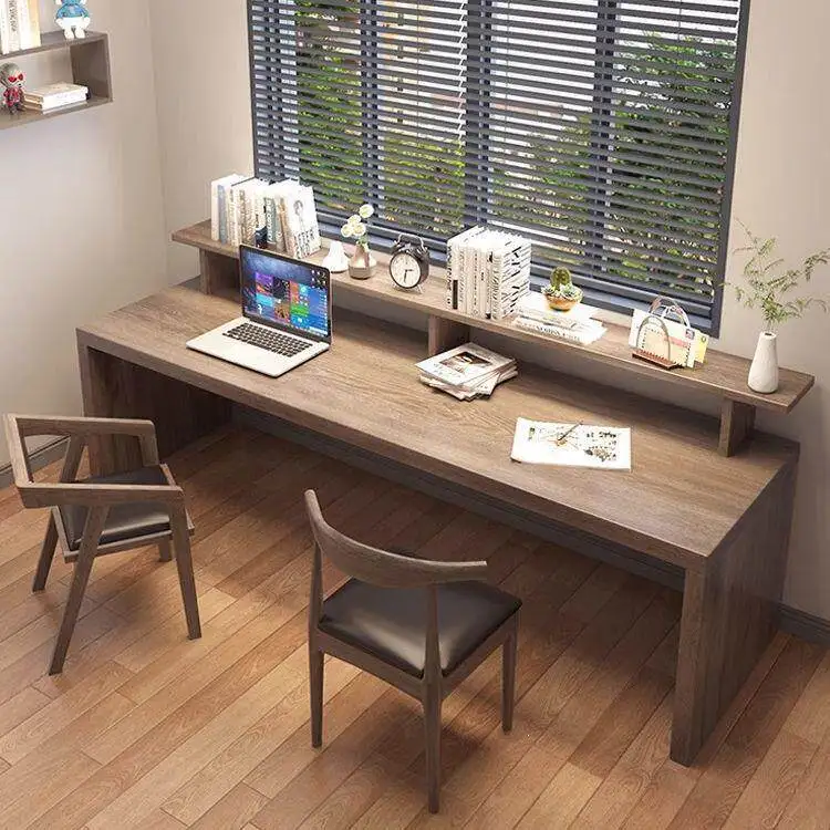 All solid wood double desk, home study table, double-layer office against the wall, computer desk, writing desk, long workbench