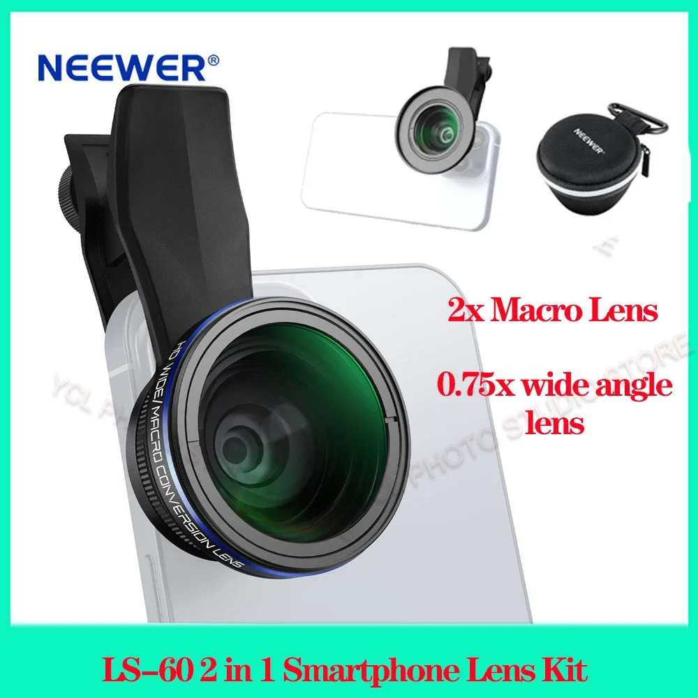 NEEWER LS-60 2 في 1 مجموعة عدسات الهاتف الذكي 0.75x زاوية واسعة وعدسة الهاتف ماكرو مع مشبك عدسة الهاتف 17 ملم 67 ملم حلقة مهايئ المرشح