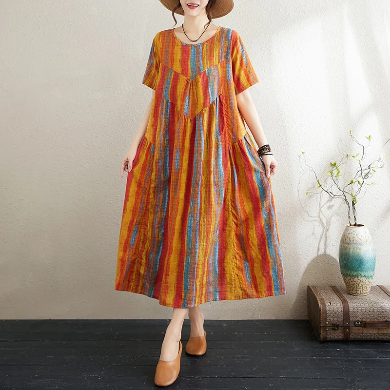  Striped Cotton Linen Printed Dr Summer Large Size Women's Faionable round Ne Loose over Knee A-Line Skirt