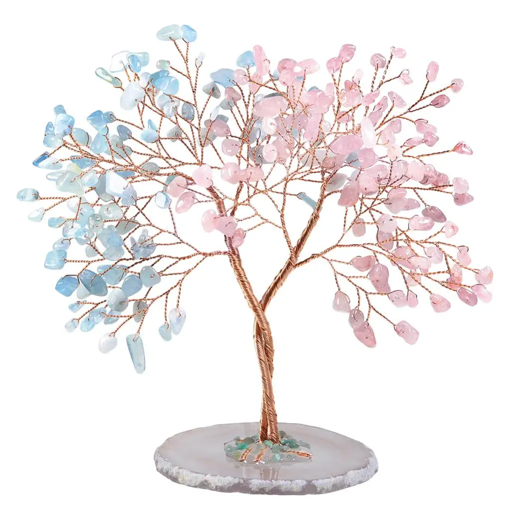 Handmade Rose Quartz & Aquamarine Crystal Tree With Agate Slice Base Lucky Money Tree Feng Shui Home Decor