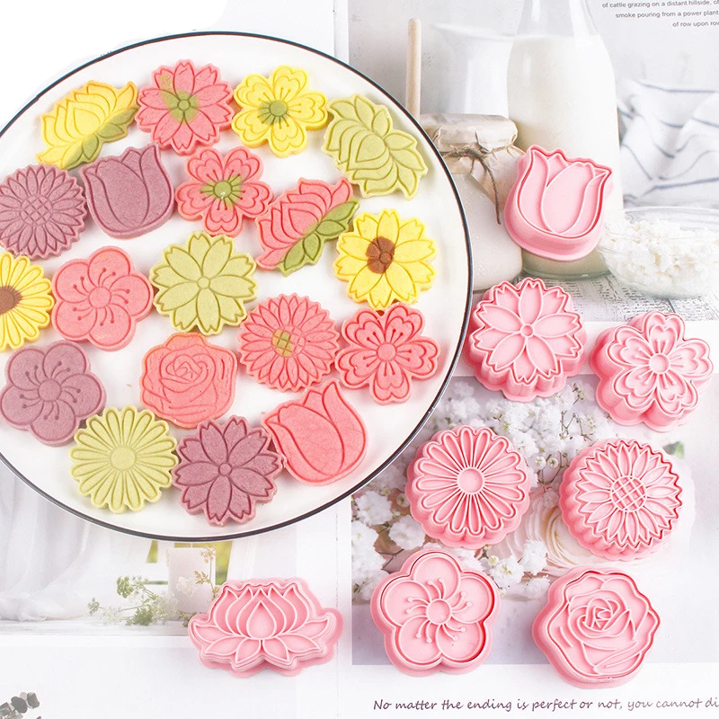 8Pcs/Set Cookie Cutters Plastic 3D Flower Shape Cartoon Pressable Biscuit Mold Cookie Stamp Kitchen Baking Pastry Sugarcraft