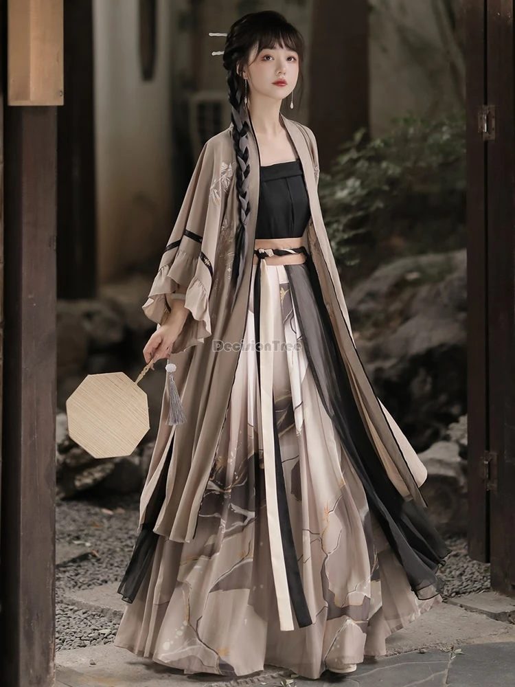 

2024 chinese ancient song dynasty hanfu women improved daily retro loose pleated skirt 3 piece printed hanfu set costume w663