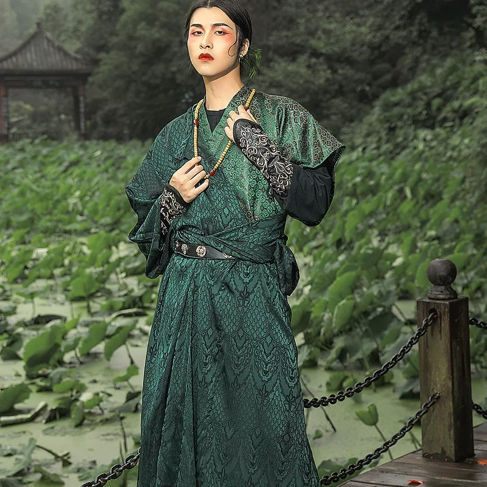 

Mochuan green Hanfu men and women Tang round collar robe recovery spring performance costum class Chines traditional dress