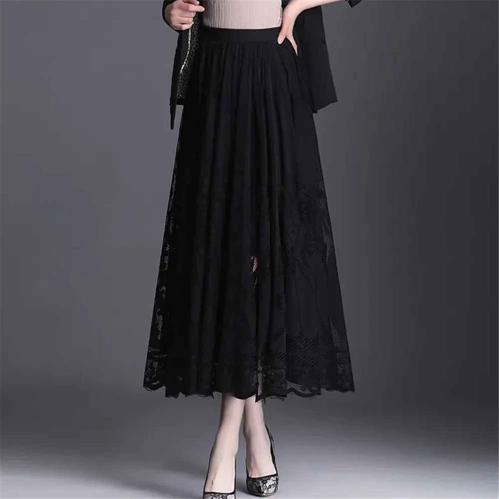 High Waist Lace Skirt Women'S New A-Word Black Long Skirt Office Ladies Big Swing Gauze Hollow Pleated Skirt Streetwear A213