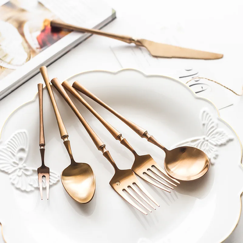 304 Rose Gold Stainless Steel Brushed Knife Fork Spoon Set Luxury Cutlery Set Silverware Steak Coffee Dessert Spoon Fruit Fork