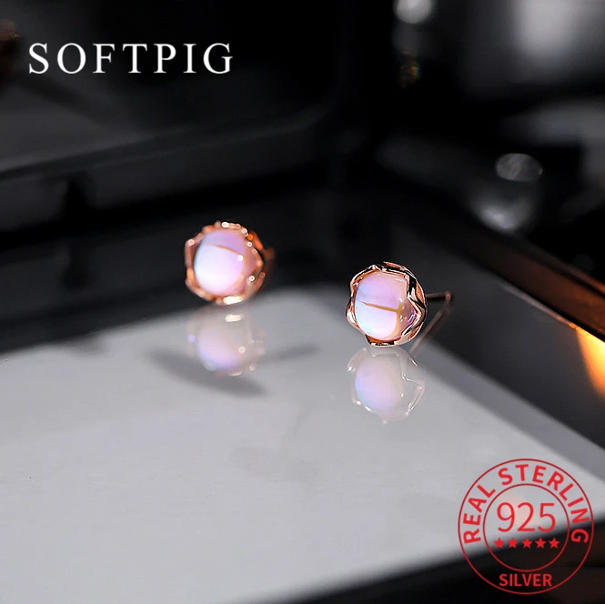 SOFTPIG Real 925 Sterling Silver Round Moonstone Stud Earrings For Fashion Women Classic Fine Jewelry Minimalist Accessories