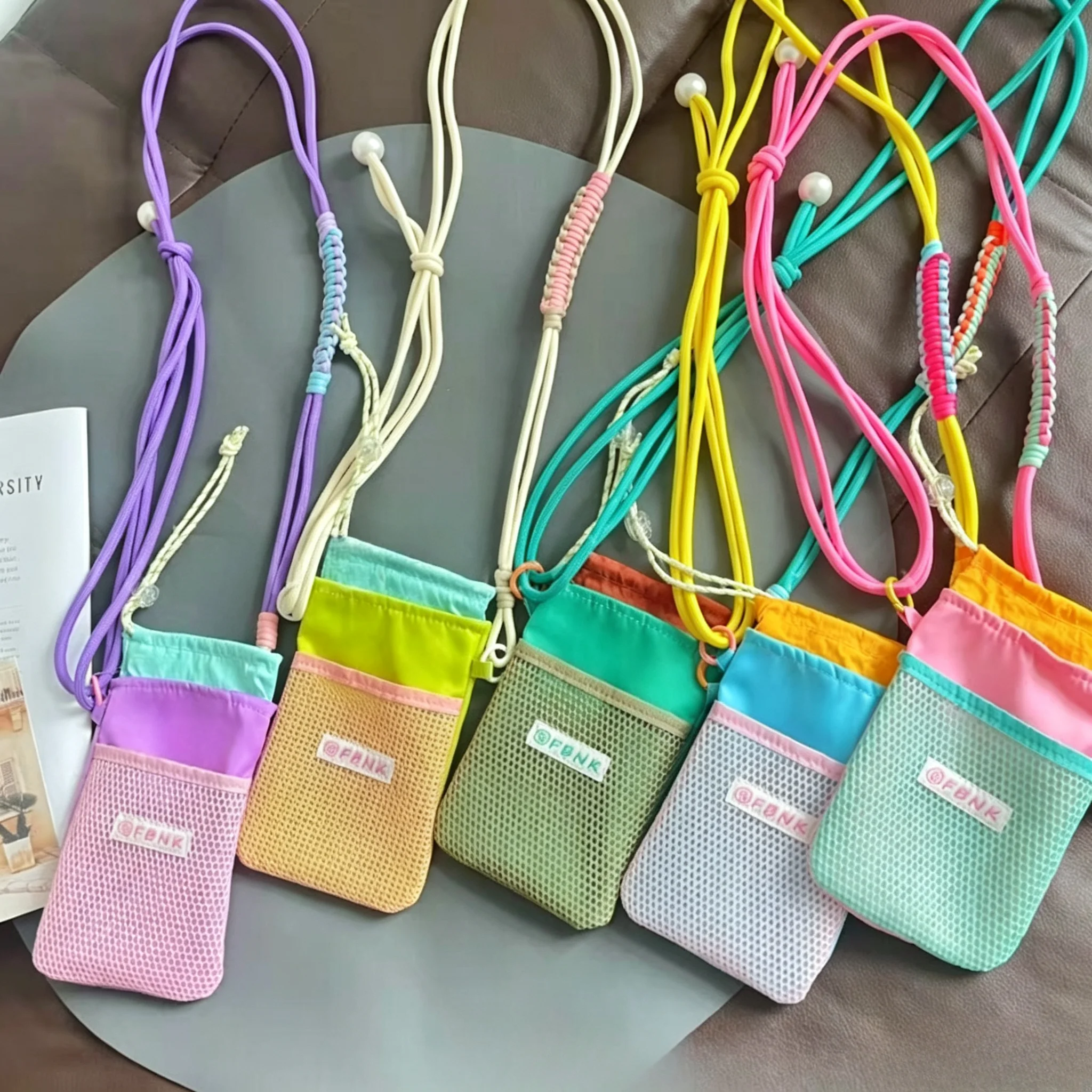 Dopamine Color Contrast Mesh Neck Wallet Adjustable Crossbody Rope Lanyard Phone Bag Earphone Coins Key Lip Organizer for Girls view 2