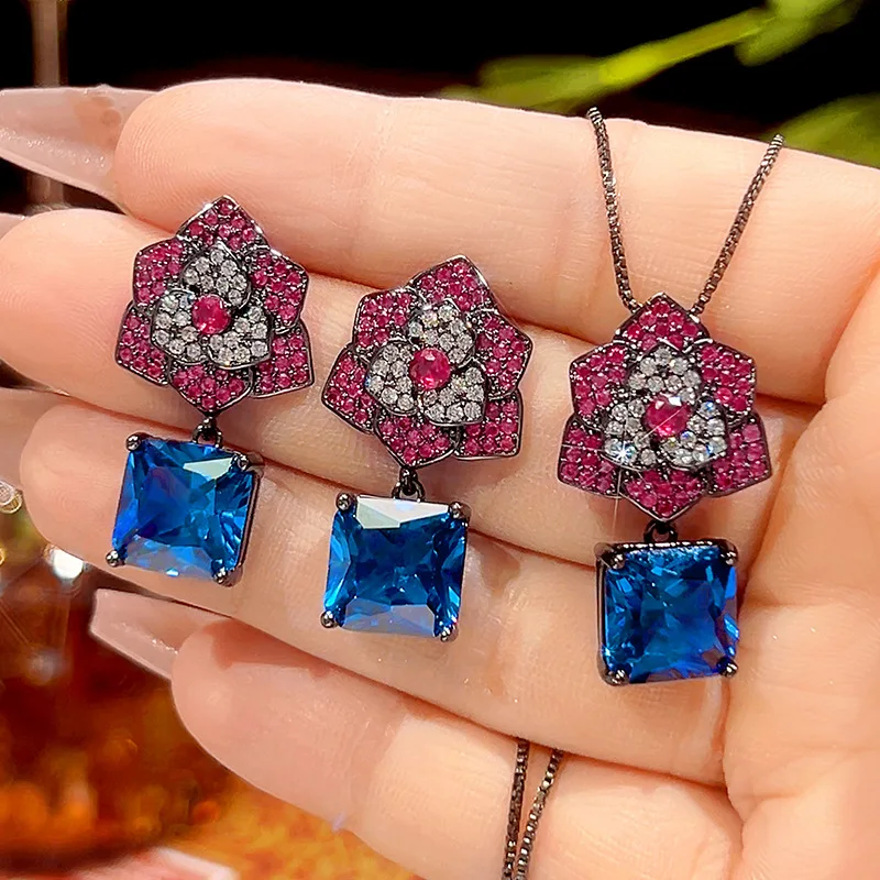 

Vintage Black Jewelry with Pink Crystal Flower Blue Square Cubic Zirconia Necklace Earrings for Women Fashion Party Jewelry Gift