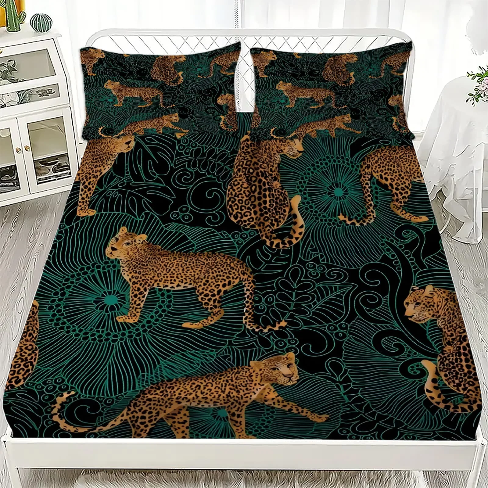 1 Stück Leopardenmuster mit Türkisfarbenem Blumenmuster Spannbettlaken mit Tiefen Taschen Elastischer Matratzenbezug Einzelbett Doppelbett Queen King Schlafzimmer Deko