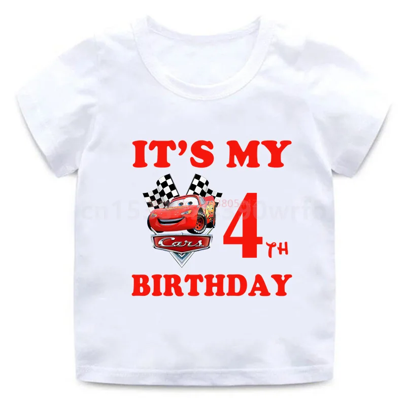 T-shirt joyeux anniversaire Pixar Rains Mcqueen pour enfants, chemises imprimées blanches, cadeaux unisexes pour enfants, vêtements pour enfants, c'est mon anniversaire