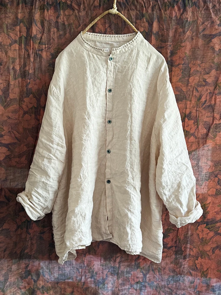 Women Long Sleeve Linen Shirt New 2025 Spring Vintage Style Stand Collar Solid Color Loose Female Casual Tops Shirts M1213 - Detail 1