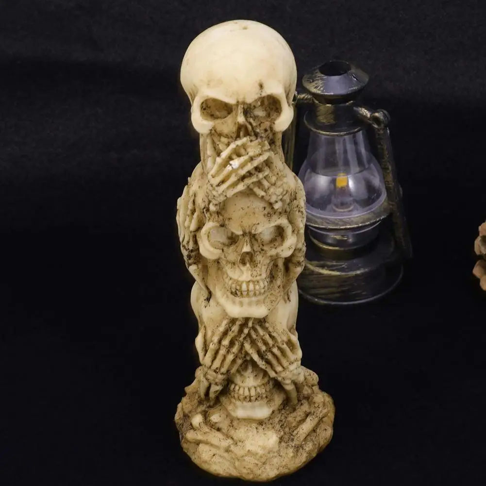 Stacked Skull Heads Statue, Gothic Resin Skull Figurine, See Speak Hear No Evil Skulls Sculpture for Halloween Table Decoration