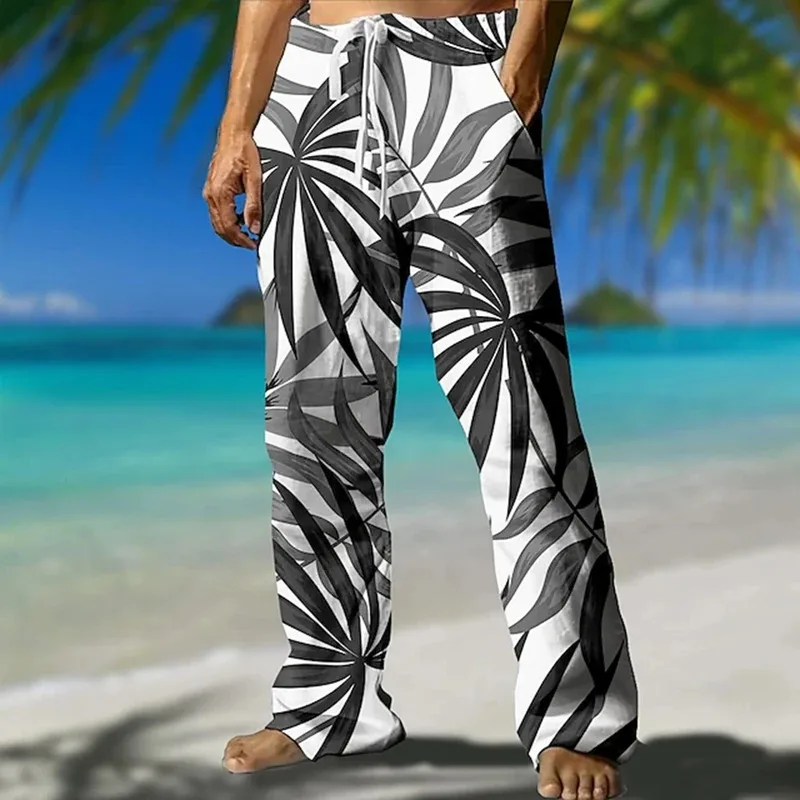 

Men's Coconut Tree Pants Trousers Mid Waist Drawstring Elastic Waist Hawaiian Casual Outdoor Holiday Straight Leg Trousers