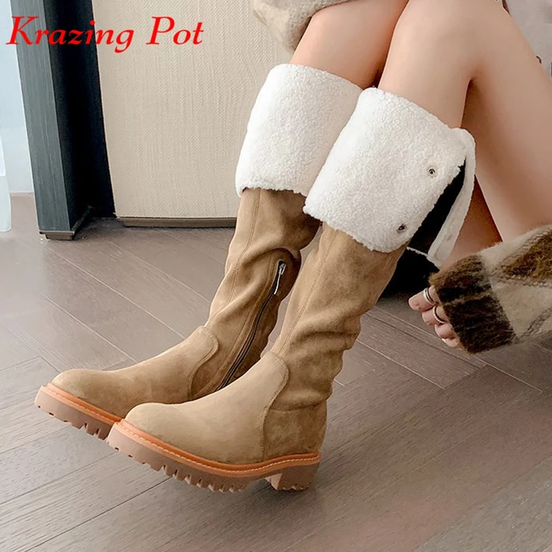 

Krazing Pot Flock Fur Round Toe Winter Keep Warm Snow Boots Low Heels Preppy Style Vintage Zip Metal Buckle Over-the-knee Boots