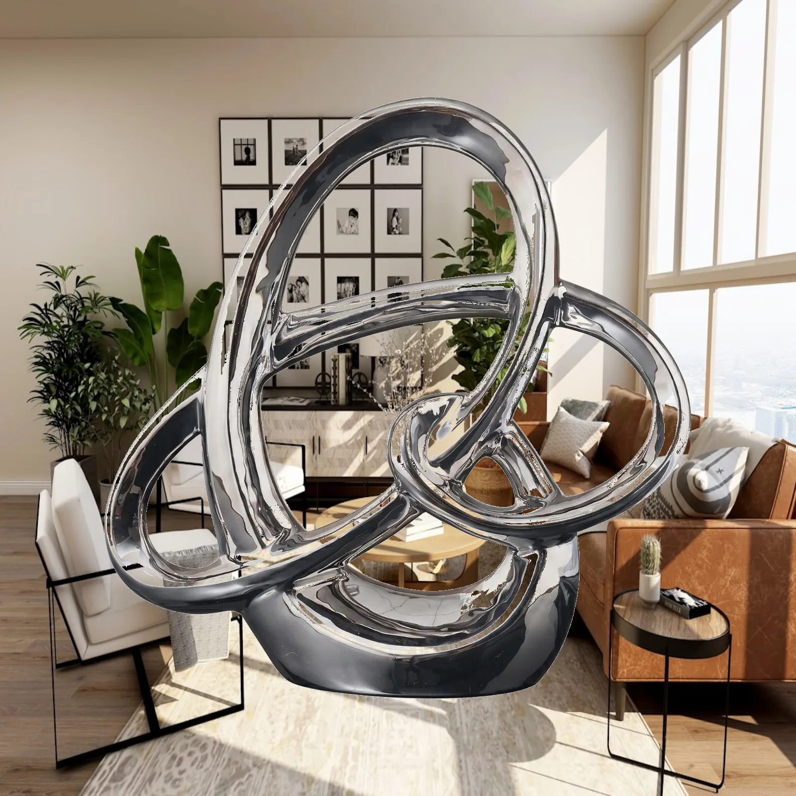 Circular Sculpture Interlocking Rings Abstract Ornament Sculptural Shiny Decor