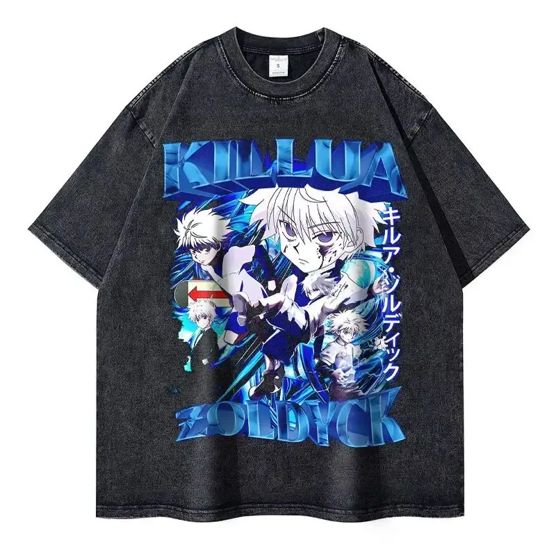 Anime Hunter X Hunter T-shirts Vintage Washed Phantom Troupe T Shirt Oversized Manga Killua Gon Chrollo Tops Tees Men 100%Cotton